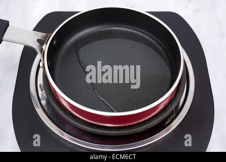 A small frying pan with olive oil heating on a single burner stove element. Stock Photo