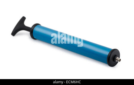 Blue bicycle pump on a white background Stock Photo