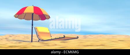 Colorful umbrella next to long chair at the beach by beautiful hot day Stock Photo