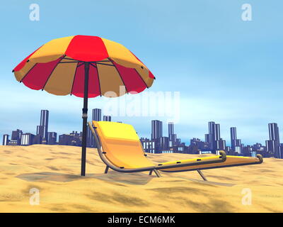 Colorful umbrella next to long chair at the beach in front of modern city by beautiful hot day Stock Photo