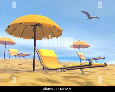 Colorful umbrella next to long chair at the beach by beautiful hot day Stock Photo