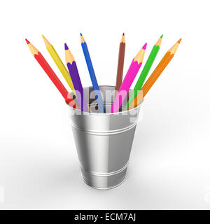 eight yellow coloured pencils in a small metal bucket on a white ...