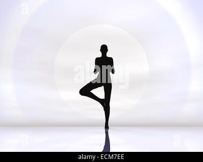 A yoga woman silhouette performing tree pose on a dark colourful ...