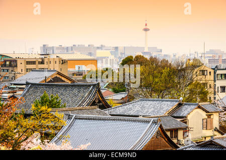 Kyoto, Japan skyline over temple and shrine rooftops. Stock Photo