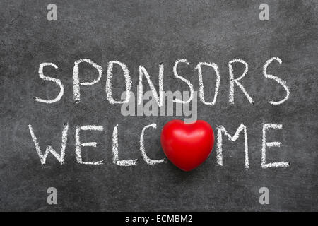 sponsors welcome phrase handwritten on chalkboard with heart symbol instead of O Stock Photo