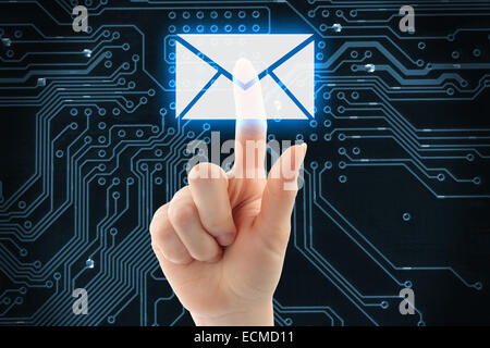 Hand pushing virtual mail button on digital background Stock Photo
