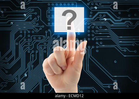 Hand pushing virtual question button on digital background Stock Photo