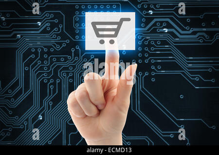 Hand pushing virtual shopping button on digital background Stock Photo