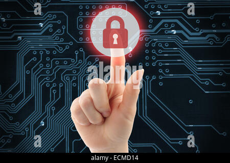 Hand pushing virtual security button on digital background Stock Photo