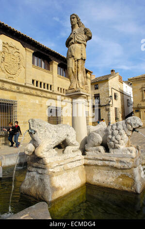 Fountain of the lions and Antigua Carnicería, old butcher's shop, at Populo square, Baeza, Jaen province, Andalusia, Spain Stock Photo