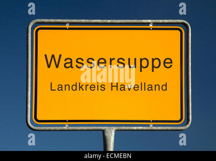 City limits sign, Wassersuppe or watery soup, Havelland district, Brandenburg, Germany Stock Photo