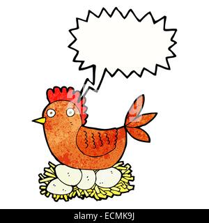 cartoon hen on eggs with speech bubble Stock Vector