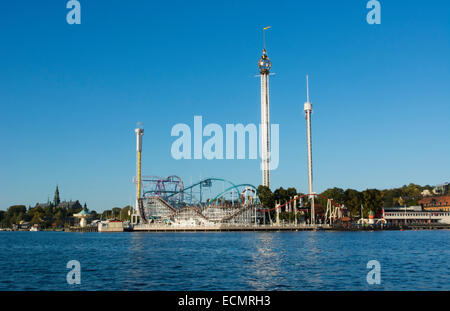 Stockholm Sweden beautiful Theme Park Grona Lund Amusement Park from water roller coaster Stock Photo