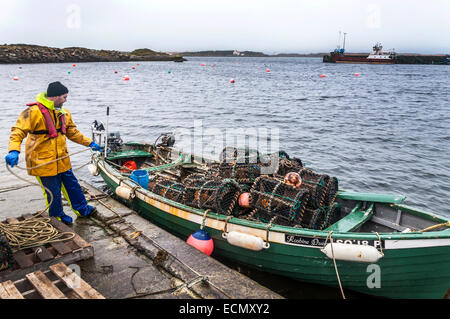 Burtonport, County Donegal, Ireland. 17th December 2014. Exports of Irish seafood to countries such as China have increased by over 300 percent since 2011 according to the Minister for Agriculture Food & the Marine, Simon Coveney T.D. . A lobster fisherman brings pots back ashore for storage during the winter. Photo by:Richard Wayman/ Alamy Live News Stock Photo