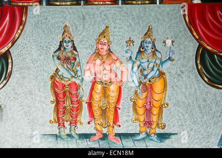 Mauritius, Mahebourg, Hindu temple, wall painting of deities, Kali, Siva, Vishnu Stock Photo