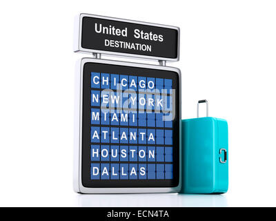 image of 3d illustration render. airport board and suitcase. USA travel information on isolated white background Stock Photo