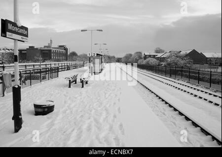 Morecambe railway station snowbound black and white Stock Photo