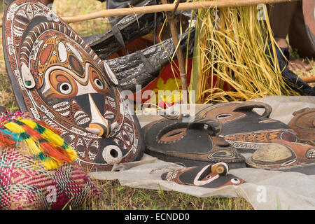 Melanesia, Papua New Guinea, Sepik River area, Murik Lakes, Karau Village. Traditional carved wooden masks and souvenirs. Stock Photo