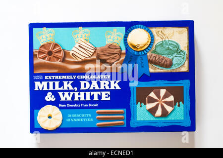 packet of Marks & Spencer Extremely chocolatey milk dark & white biscuits isolated on white background Stock Photo