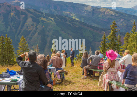 Wedding on top of Aspen Mountain ski area in fall in Aspen in the Rocky Mountains of Colorado Stock Photo