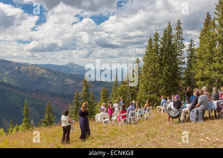 Wedding on top of Aspen Mountain ski area in fall in Aspen in the Rocky Mountains of Colorado Stock Photo
