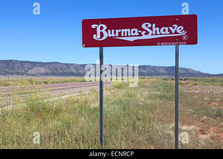 A recreation of the iconic Burma Shave sign stands along Hwy 66 in Arizona. Stock Photo