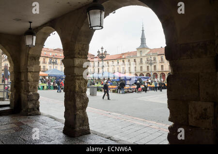 LEON, SPAIN - JANUARY 30, 2013: Popular market of fruits and vegetables in the main square, on January 30, 2013 in Leon, Spain Stock Photo