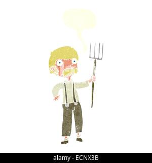 cartoon farmer with pitchfork with speech bubble Stock Vector