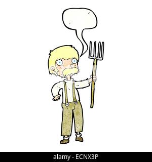 cartoon farmer with pitchfork with speech bubble Stock Vector