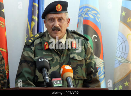 Tripoli, Libya. 17th Dec, 2014. Major-General Abdessalem Jadallah al-Obeidi, chief of the expired General National Congress's army attends a news conference in Tripoli, Libya, Dec. 17, 2014. During the news conference, Obeidi announced that a joint military operation chamber was formed to control military operations in Libya. Obeidi was sacked by the Libyan new parliament House of Representatives as the chief of staff but still recognized by the expired General National Congress. Credit:  Hamza Turkia/Xinhua/Alamy Live News Stock Photo
