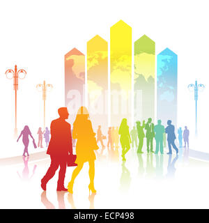 Colorful people are going to a large chart with world map. Stock Photo