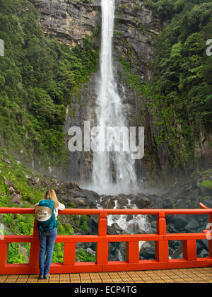 Visitor views Great Falls of Nachi, the Nachi-taki waterfall on Kumano Kodo Pilgrimage Trail, Kii Peninsula, Wakayama, Japan Stock Photo