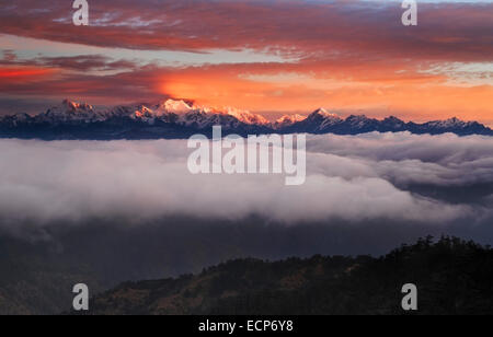 View from West Bengal, India towards Mount Kangchenjunga at surnise on the border between Sikkim and Nepal, Asia Stock Photo
