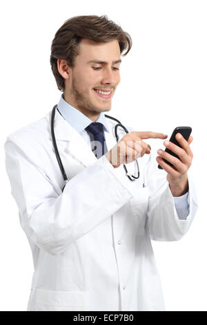 Happy doctor man texting on a smart phone isolated on a white background Stock Photo