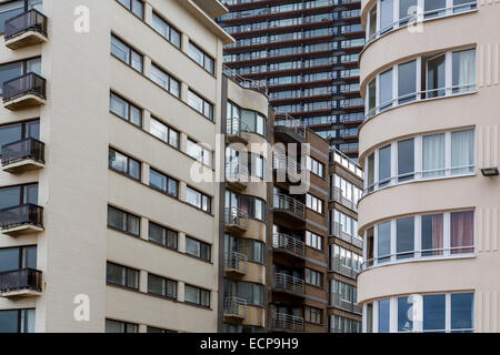 Dreary house fronts on the waterfront in the seaside resort of Nieuwpoort, apartment buildings, residential high-rises, Stock Photo