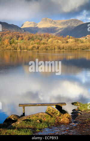 Elterwater in the Lake District National Park with the Langdale Pikes in the distance. Stock Photo