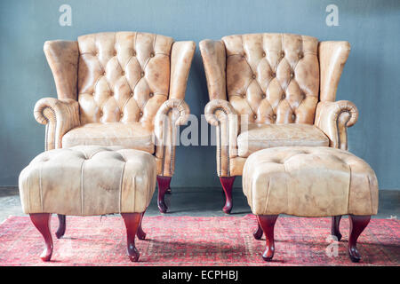 genuine leather classical style sofa in vintage room Stock Photo