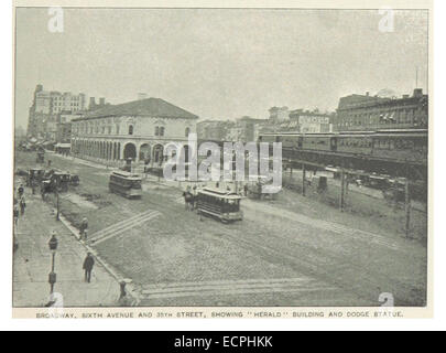 This 1893 illustration depicts the intersection of Broadway, Sixth Avenue, and 35th Street in New York City, featuring the Herald Building and the Dodge Statue, two prominent landmarks of the time. Stock Photo