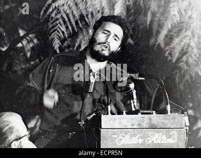 The US and Cuba announced an agreement between the two countries that will be a first step toward normalizing relations. PICTURED: Apr. 21, 1959 - Havana, Cuba - Cuban revolutionary leader FIDEL CASTRO is a Marxist Cuban politician who served as Prime Minister of Cuba as well as held other political positions. PICTURED: FIDEL CASTRO the premier of Cuba seen as he addresses a meeting of the American Society of Newspaper Editors at the Statler Hotel Washington. © KEYSTONE Pictures USA/ZUMAPRESS.com/Alamy Live News Stock Photo