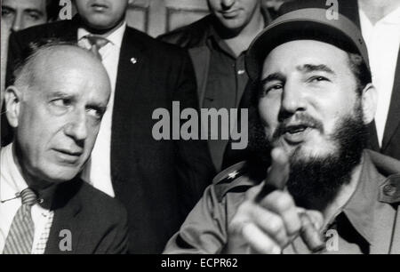 The US and Cuba announced an agreement between the two countries that will be a first step toward normalizing relations. PICTURED: Feb 02, 1961 - New York, New York, USA - FIDEL ALEJANDRO CASTRO RUIZ (born August 13, 1926) has been the ruler of Cuba since 1959, when, leading the 26th of July Movement, he overthrew the regime of Fulgencio Batista. In the years that followed he oversaw the transformation of Cuba into the first Communist state in the Western Hemisphere. PICTURED: FIDEL CASTRO and HERBERT MATHEWS editorial writer of the NY Times. (Credit Image: © KEYSTONE Pictures USA/ZUMAPRESS.co Stock Photo