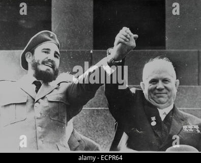 The US and Cuba announced an agreement between the two countries that will be a first step toward normalizing relations. PICTURED: Feb 02, 1961 - Havana, Cuba - FIDEL ALEJANDRO CASTRO RUIZ (born August 13, 1926) has been the ruler of Cuba since 1959, when, leading the 26th of July Movement, he overthrew the regime of Fulgencio Batista. In the years that followed he oversaw the transformation of Cuba into the first Communist state in the Western Hemisphere. PICTURED: NIKITA KHRUSHCHEV and FIDEL CASTRO holds while watching the parade. © KEYSTONE Pictures USA/ZUMAPRESS.com/Alamy Live News Stock Photo