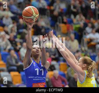 From left Valeriane Ayayi of Montpellier and Katerina Elhotova of USK in action during the Women's Basketball European League 7th round match of A group, USK Prague vs Montpellier in Prague, Czech Republic, on December 17, 2014. (CTK Photo/Michal Dolezal) Stock Photo