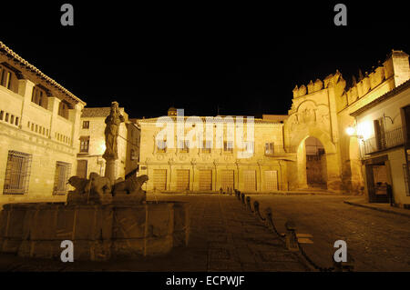 Fountain of the lions and Antigua Carnicería, old butcher's shop, at Populo square at dusk, Baeza, Jaen province, Andalusia Stock Photo