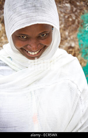 An Ethiopian Orthodox woman traditional dressed in white in Mizan Teferi, Ethiopia 18 May 2014. Southwestern Ethiopia. Stock Photo