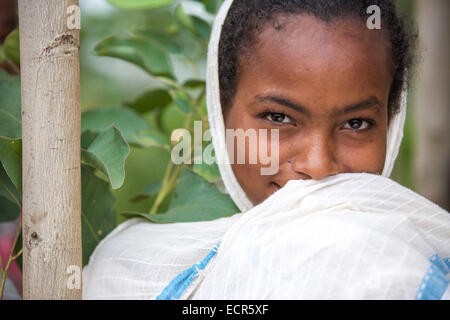 An Ethiopian Orthodox woman traditional dressed in white in Mizan Teferi, Ethiopia 18 May 2014. Southwestern Ethiopia. Stock Photo