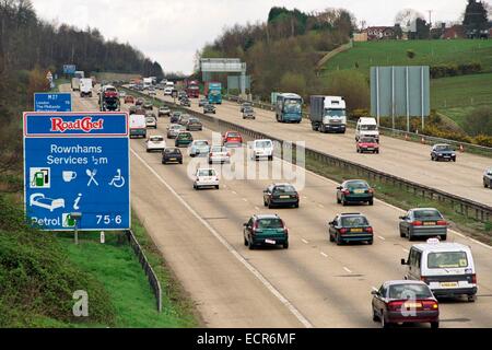 Vehicle traffic heading eastbound on the M27 near Rownhams service station, Southampton, Hampshire UK in the year 2000. Stock Photo