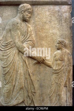 Greek Art. Classical Era. Grave stele dedicated to Philokles and his son Dikaios. A bearded man offers a bird to a young boy standing befor him. Ca. 430 B.C. Marble. It comes from Chalandri, Attica. National Archaeological Museum Athens. Greece. Stock Photo