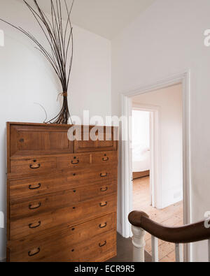Willow branches on tall chest of drawers in white hallway Stock Photo