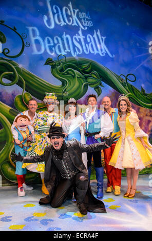 Birmingham, UK.  18th December 2014. Jack and the Beanstalk panto photocall at the Birmingham Hippodrome.  The cast are pictured l-r: Paul Zerdin (Simple Simon), Gary Wilmot (Dame Trot), Chris Gascoyne (Fleshcreep), Jane McDonald (The Enchantress), Duncan James (Jack) , Matt Slack (Silly Billy) and Robyn Mellor (Princess Apricot). Britain's biggest pantomime opens on Friday 19th December and runs until Sunday 1st February. Picture by Simon Hadley/Alamy Live News Stock Photo