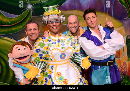Birmingham, UK.  18th December 2014. Jack and the Beanstalk panto photocall at the Birmingham Hippodrome.  Pictured l-r: Paul Zerdin (Simple Simon), Gary Wilmot (Dame Trot), Matt Slack (Silly Billy) and Duncan James (Jack). Britain's biggest pantomime opens on Friday 19th December and runs until Sunday 1st February. Picture by Simon Hadley/Alamy Live News Stock Photo